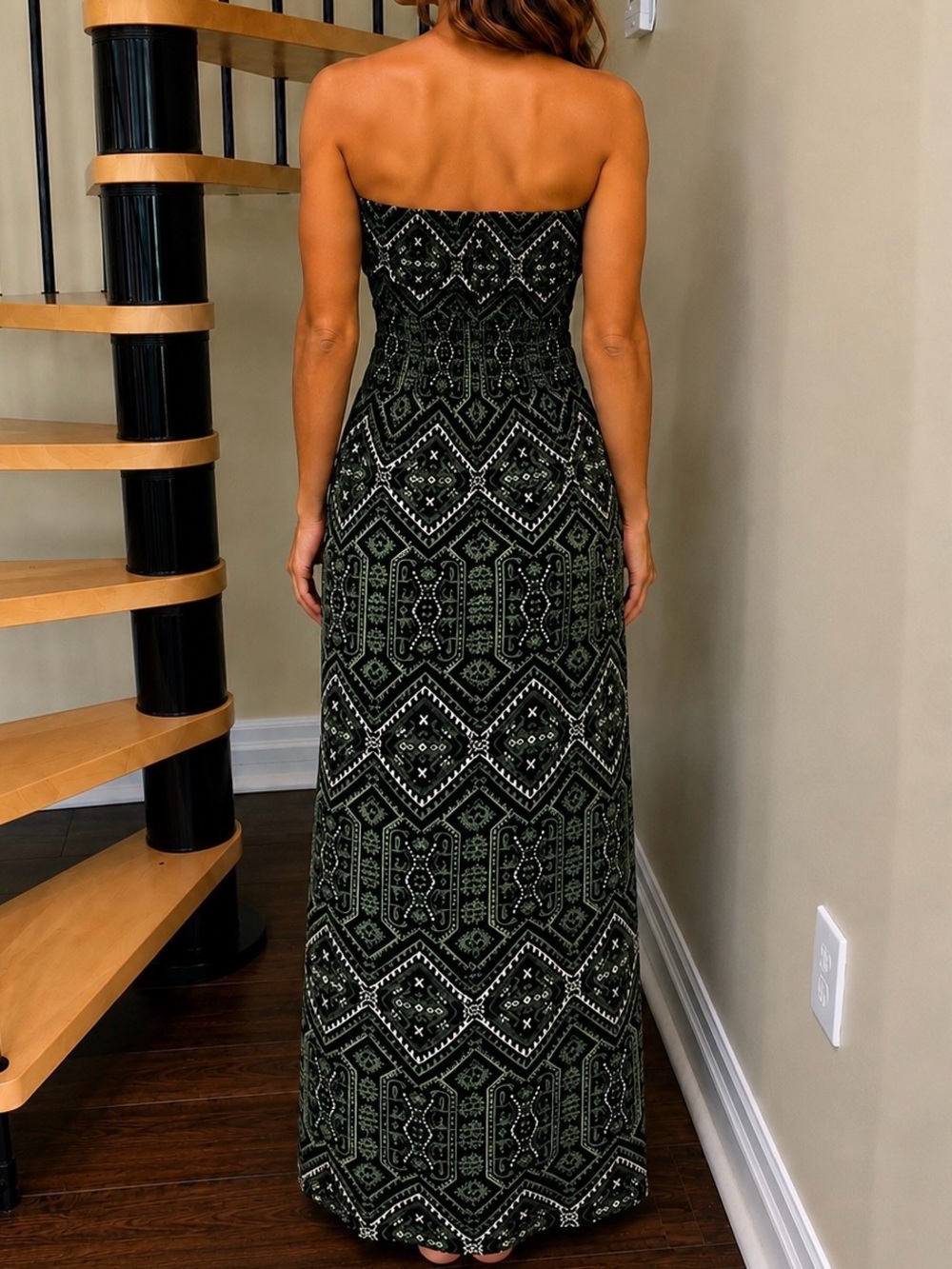 EUC Strapless Smocked Green Tribal Print Maxi Dress - Picture 2 of 7